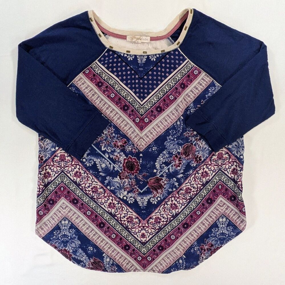 Rewind Women's XL Regular Blue Multicolor Floral 3/4 Sleeve Pullover Blouse